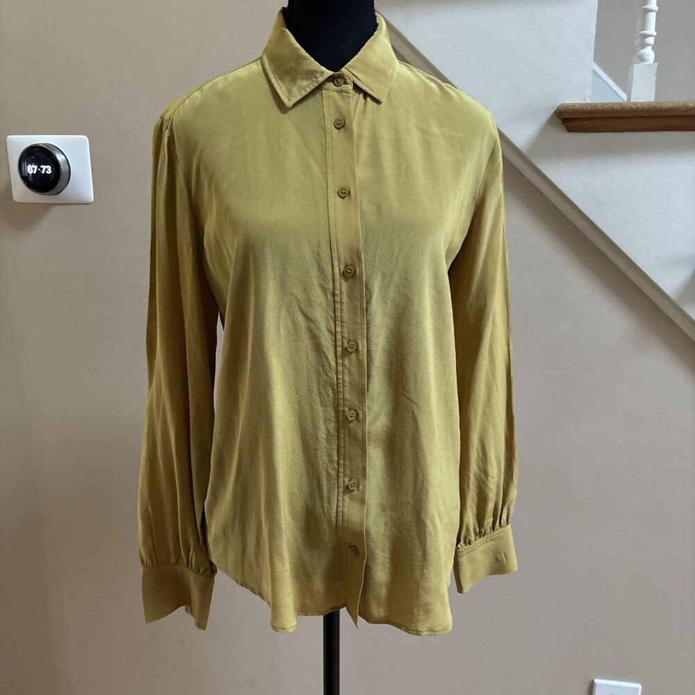 Women’s Ann Taylor 100% Silk Mustard Long Sleeve Button Up Blouse Size Small